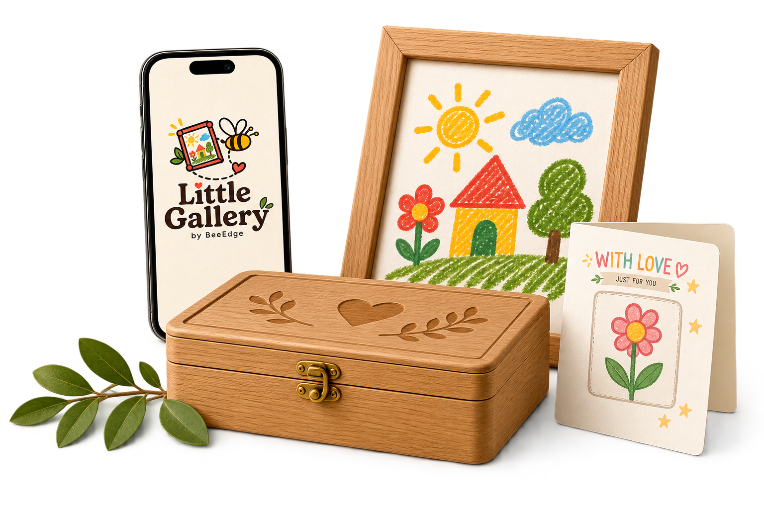 Little Gallery shown on an iPhone with framed children’s artwork and an Art Card